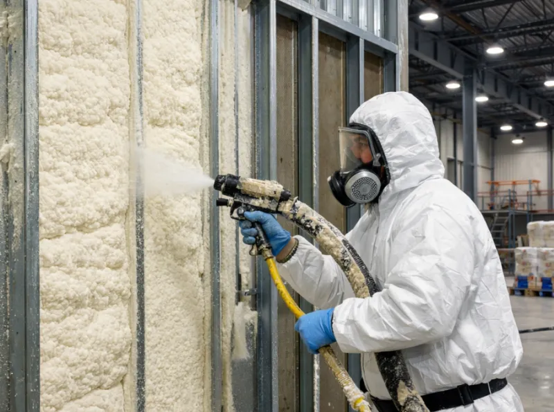 Interior of a building with spray foam insulation applied to wall framing.